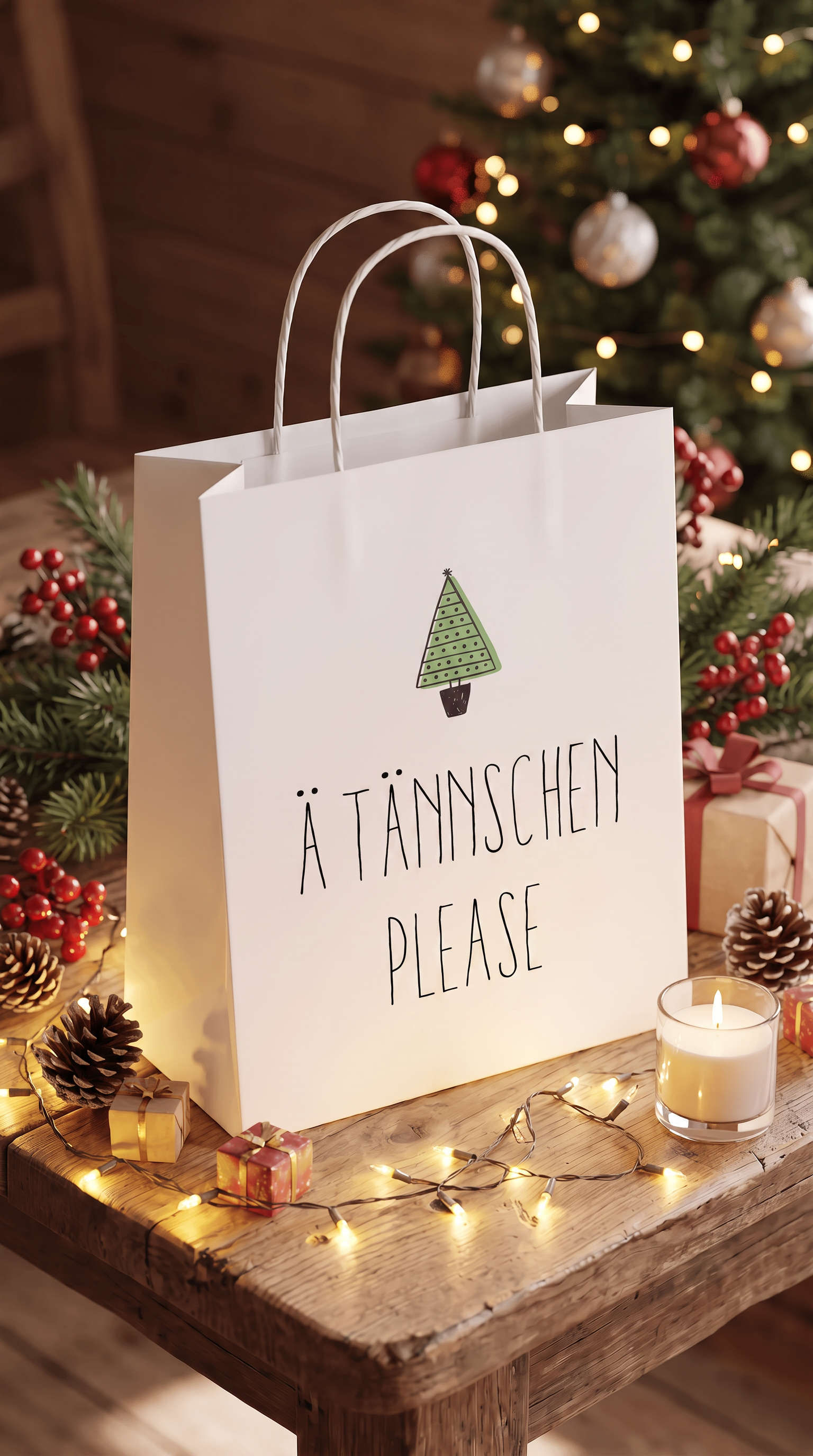 Geschenktüte Weihnachten „Ä Tännschen please“ – Lustige Geschenkverpackung mit Tannenbaum-Motiv